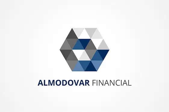 Almodovar Financial logo featuring a geometric hexagon pattern in shades of blue and gray.