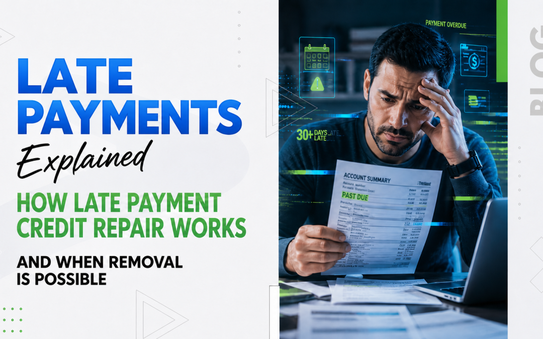 Credit Repair Associates blog graphic showing “Late Payments Explained” with a concerned man reviewing a past-due account statement, digital overdue payment alerts, and blue and green credit repair branding.