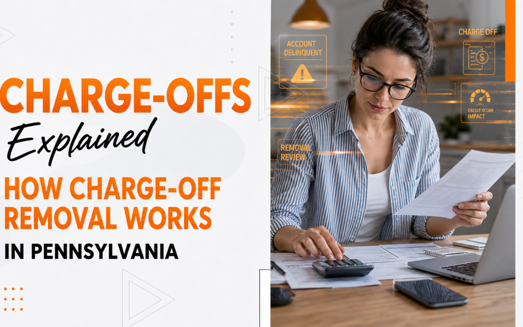 Credit Repair Associates blog graphic titled “Charge-Offs Explained: How Charge-Off Removal Works in Pennsylvania,” featuring a woman reviewing financial paperwork with orange credit-related icons.